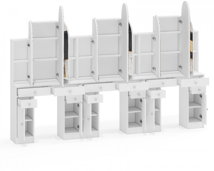 Три туалетных столика Трельяжа МД №2, цвет белый шагрень, ШхГхВ 270х31х178 см. (Трельяж (Туалетный столик № 2))