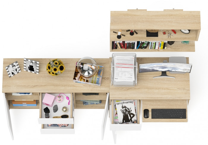 Мори Стол компьютерный МС-1 левый + Комод МК1200.3 + Полка 900, цвет дуб сонома/белый, ШхГхВ 210,4х50х209,6 см., НЕ универсальная сборка