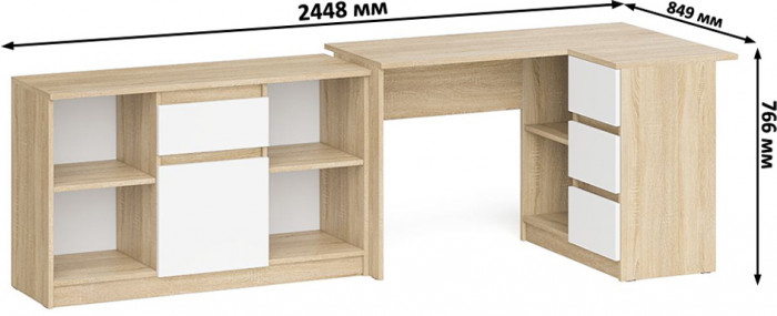 Мори Стол компьютерный МС-16 правый + Тумба МТВ1204.1, цвет дуб сонома/белый, ШхГхВ 244,8х84,9х76,6 см., выдвижные ящики справа, НЕ универс. сборка