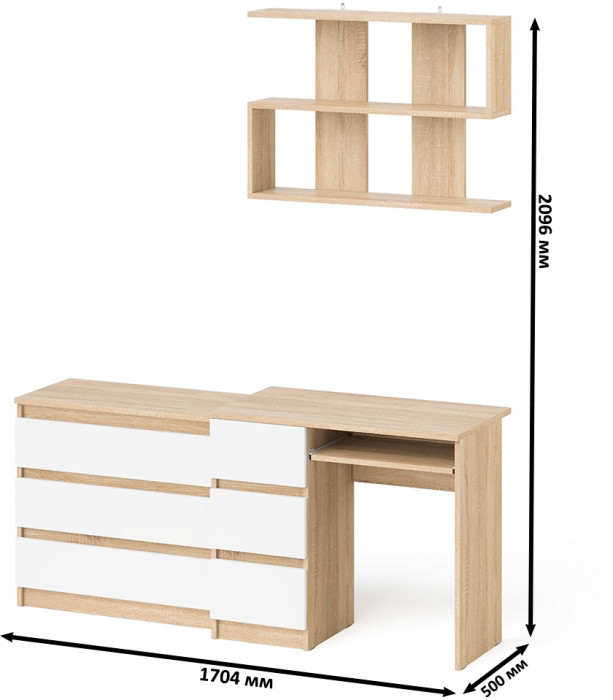Мори Стол компьютерный МС-6 левый + Комод МК800.1 + Полка 900, цвет дуб сонома/белый, ШхГхВ 170,4х50х209,6 см., НЕ универсальная сборка