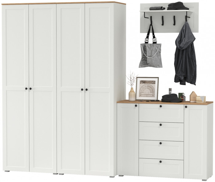 Остин Прихожая 27, цвет белый шагрень/дуб крафт золотой, ШхГхВ 280х54,3х229,6 см., универсальная сборка