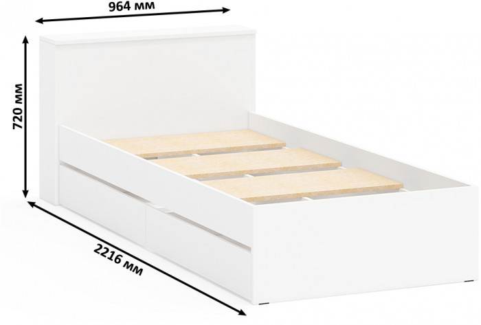 Ксения Кровать с ящиками 0900, цвет белый, ШхГхВ 96,4х221,6х72 см., сп.м. 900х2000 мм., без матраса, основание есть, универсальная сборка