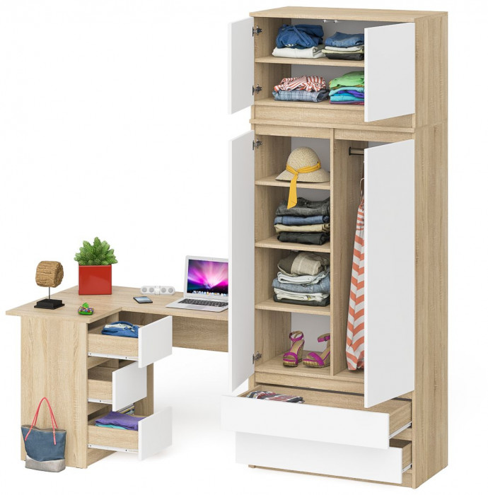 Мори компьютерный стол МС-16 левый + Шкаф МШ900.1 + Антресоль МА900.1, дуб сонома/белый