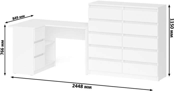 Мори Стол компьютерный МС-16 левый + Комод МК1200.10, цвет белый, ШхГхВ 244,8х84,9х115 см., выдвижные ящики слева, НЕ универсальная сборка