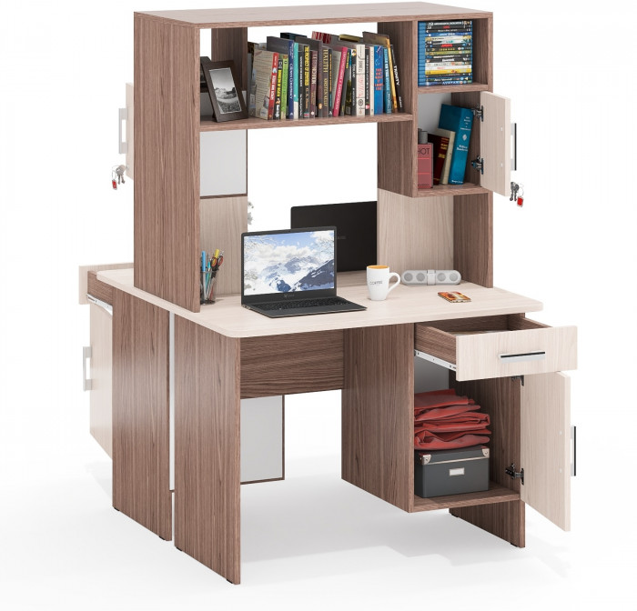 Два стола письменных с надстройкой С-МД-1-09Н, ясень шимо светлый/ясень шимо тёмный