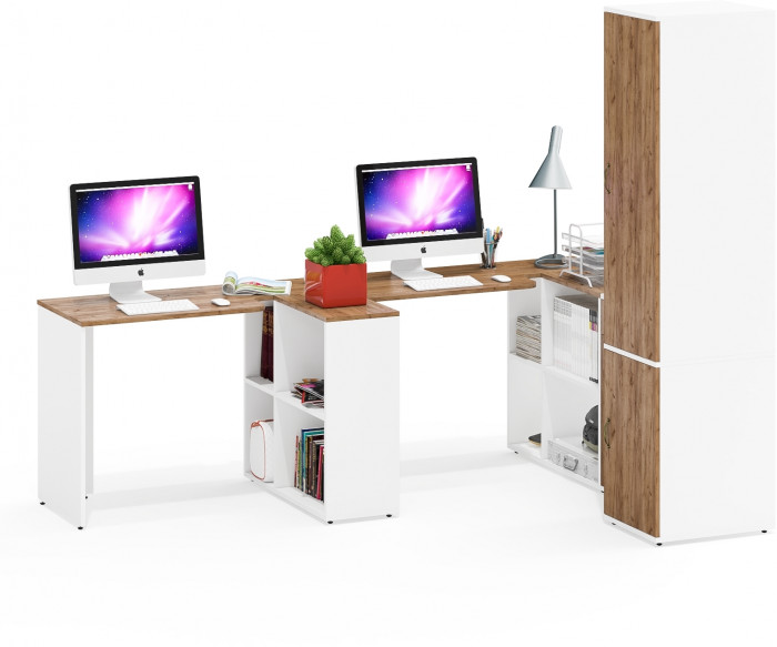 Лидер-8 Стол + Стол + Пенал МД 23Б + Тумба МД 3.15, белый шагрень/крафт золото