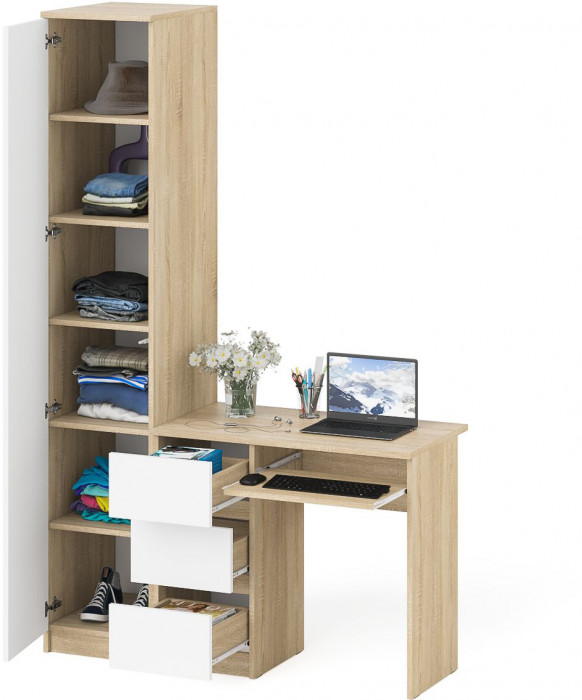 Мори компьютерный стол МС-6 левый + Пенал МШ400.1, дуб сонома/белый