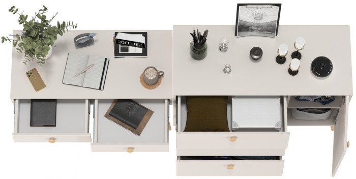 Афина Спальня Стол + Комод с дверкой и тремя ящиками, цвет кашемир серый, ШхГхВ 100х45х76 + 110х45,3х83 см., универсальная сборка