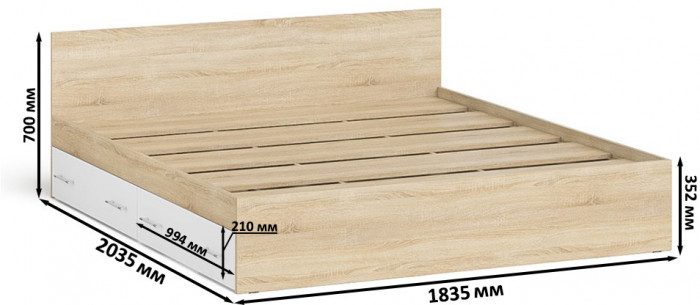 Мори Кровать с ящиками 1800, цвет дуб сонома/белый, ШхГхВ 183,5х203,5х70 см., сп.м. 1800х2000 мм., без матраса, основание есть