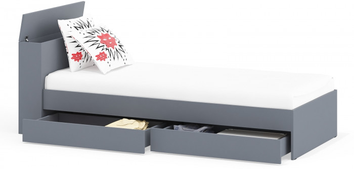 Ксения Кровать с ящиками 0900, цвет графит, ШхГхВ 96,4х221,6х72 см., сп.м. 900х2000 мм., без матраса, основание есть, универсальная сборка
