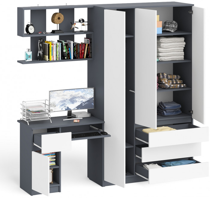 Мори компьютерный стол МС-1 левый + Шкаф МШ1200.1 + Полка 900, графит/белый