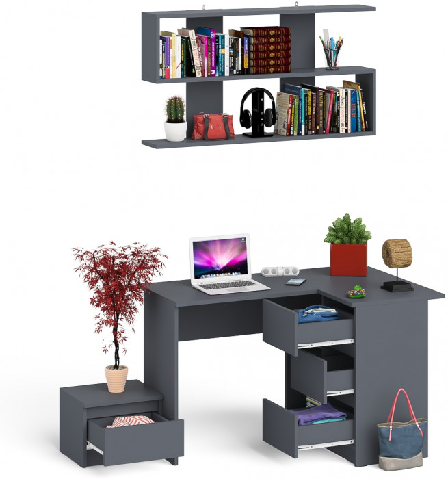 Мори Стол компьютерный МС-16 правый + Тумба ТМП400.1 + Полка 1200, цвет графит, ШхГхВ 164,8х84,9х209,6 см., НЕ универсальная сборка
