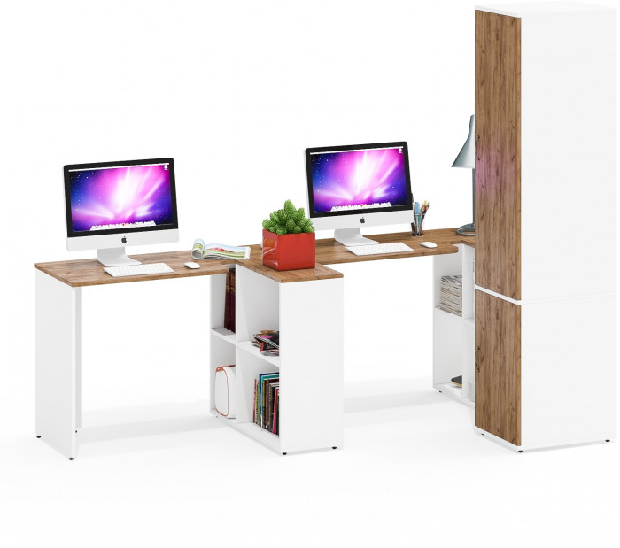 Лидер-8 Стол + Стол + Пенал МД 23Б, цвет белый шагрень/крафт золото, ШхГхВ 370х50х75/190 или 230х120/50х75/190 см., НЕ универсальная сборка