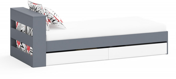 Ксения Кровать с ящиками 0900, цвет графит/белый, ШхГхВ 96,4х221,6х72 см., сп.м. 900х2000 мм., без матраса, основание есть, универсальная сборка
