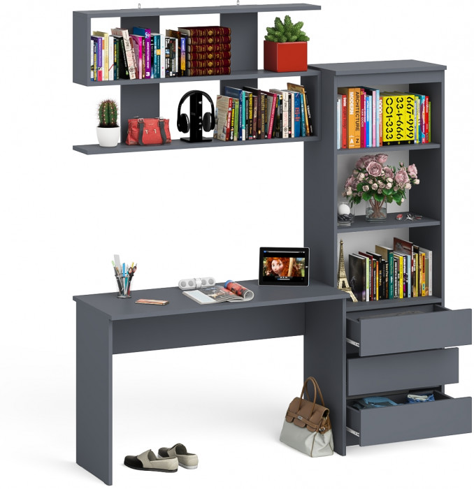 Мори Стол письменный МСП1200.1 + Стеллаж МСТ600.3 + Полка 1200, цвет графит, ШхГхВ 180,8х50х209,6 см., универсальная сборка