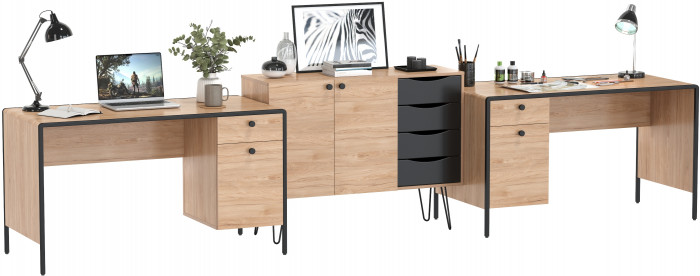 Брюс Стол 12.157 + Комод 16.233 + Стол 12.157, цвет чёрный/Battle rock Santiago/столешница МДФ ель карпатская, 373,4х62,6(38,3)х75(85,6) см., ун. сб.