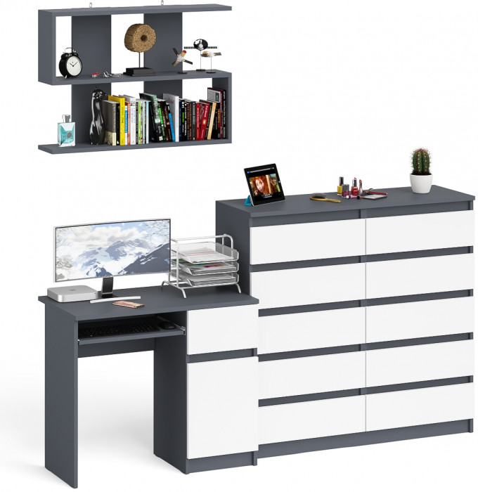 Мори Стол компьютерный МС-1 правый + Комод МК1200.10 + Полка 900, цвет графит/белый, ШхГхВ 210,4х50х209,6 см., НЕ универсальная сборка