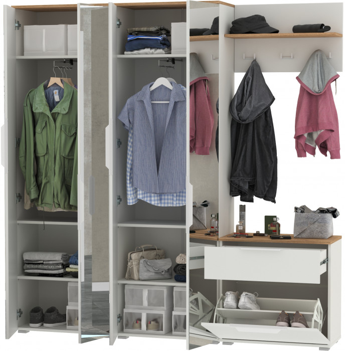 Октава Прихожая 25, цвет белый шагрень/дуб крафт золотой/фасады МДФ белый шагрень, ШхГхВ 193,7х35,4х197,6 см., универсальная сборка