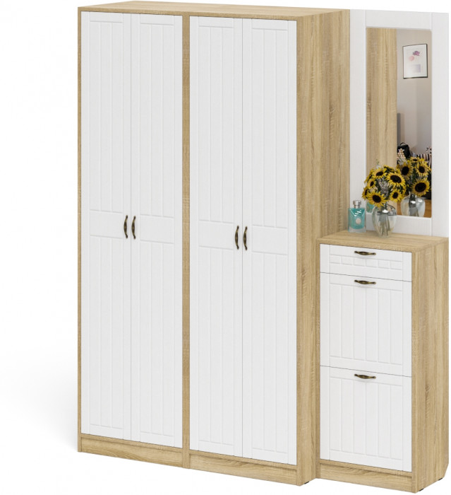 Прихожая П-6 Компоновка № 14, цвет дуб сонома/фасады МДФ белое дерево фрезеровка прованс, ШхГхВ 170х50х210 см., универсальная сборка