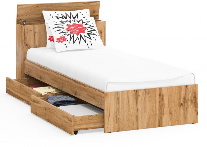 Ксения Кровать с ящиками 0900, цвет дуб вотан, ШхГхВ 96,4х221,6х72 см., сп.м. 900х2000 мм., без матраса, основание есть, универсальная сборка