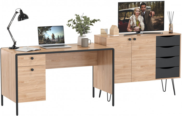 Брюс Стол письменный 12.157 + Комод 16.233, цвет чёрный/Battle rock Santiago/столешница МДФ ель карпатская, 243,4х62,6(38,3)х75(85,6) см., ун. сб.