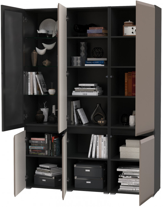 Сидней 13.200 Шкаф 2 штуки + Шкаф-витрина 13.201, цвет корпус: антрацит/фасады: МДФ веллюто капучино/стекло, ШхГхВ 150х41,3х205,2 см., универс. сб.