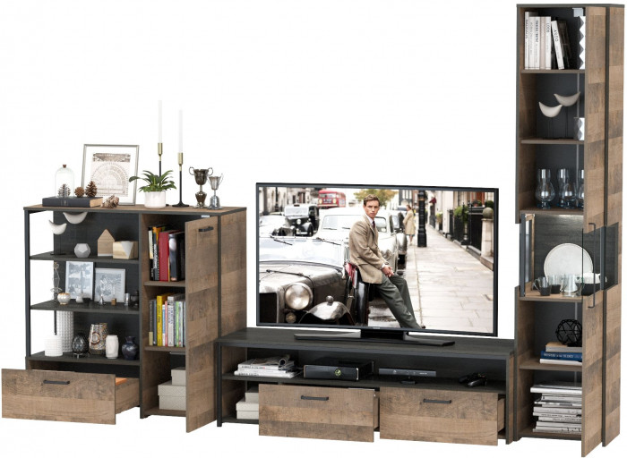 Трувор Гостиная 022, цвет дуб гранж песочный/интра, ШхГхВ 303,6х45,4х210 см., универсальная сборка