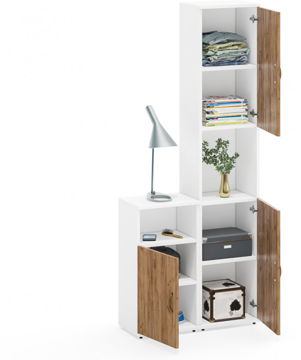 Лидер-8 Пенал + Тумба МД 3.19, цвет белый шагрень/крафт золото, ШхГхВ 80х30х190 см., универсальная сборка