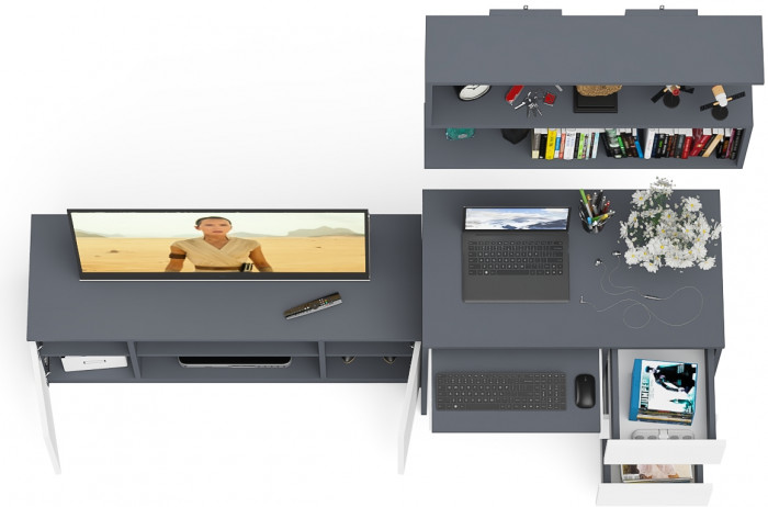 Мори компьютерный стол МС-6 правый + Тумба МТВ1200.1 + Полка 900, графит/белый