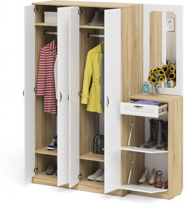 Прихожая П-6 Компоновка № 14, цвет дуб сонома/фасады МДФ белое дерево фрезеровка ромб, ШхГхВ 170х50х210 см., универсальная сборка