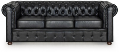 Диван кожаный черный, прямой 3-х местный, для дома, офиса, гостиной, кабинета Честер