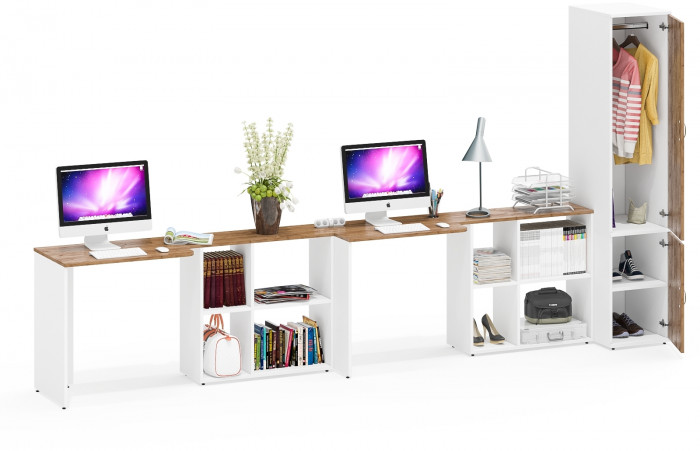 Лидер-8 Стол + Стол + Пенал МД 23Б, белый шагрень/крафт золото