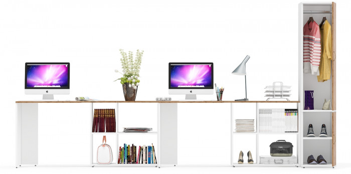 Лидер-8 Стол + Стол + Пенал МД 23Б, белый шагрень/крафт золото