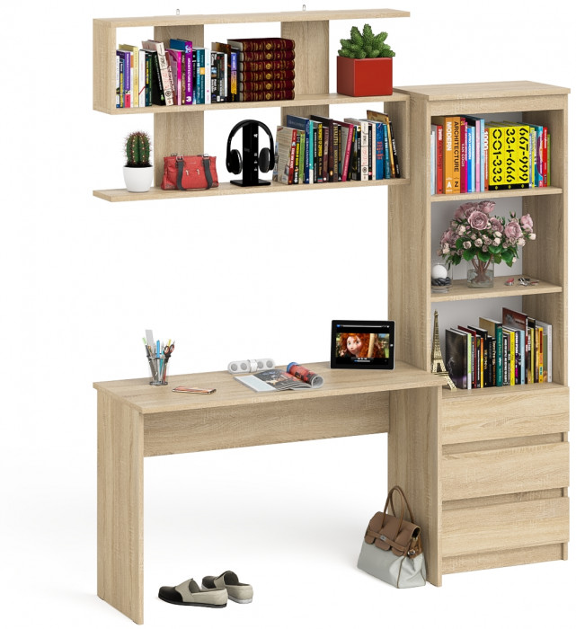 Мори Стол письменный МСП1200.1 + Стеллаж МСТ600.3 + Полка 1200, цвет дуб сонома, ШхГхВ 180,8х50х209,6 см., универсальная сборка