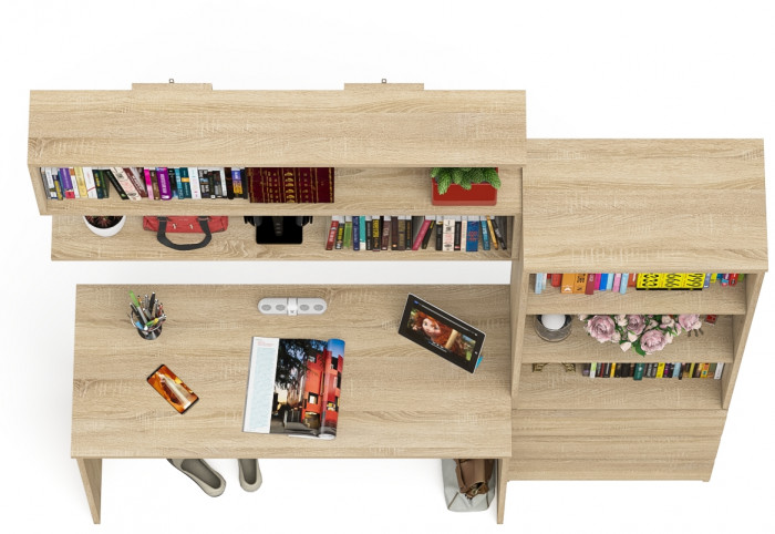 Мори Стол письменный МСП1200.1 + Стеллаж МСТ600.3 + Полка 1200, цвет дуб сонома, ШхГхВ 180,8х50х209,6 см., универсальная сборка