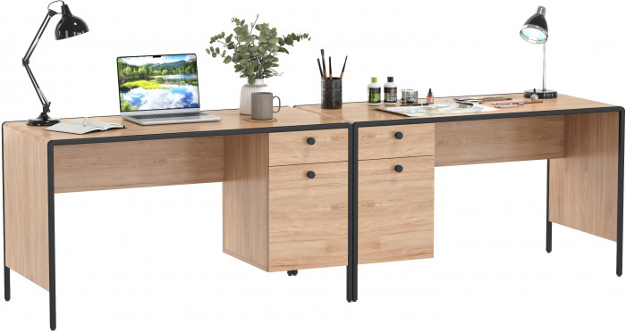 Брюс Стол письменный 12.157 + Стол письменный 12.157, цвет чёрный/Battle rock Santiago/столешница МДФ ель карпатская, ШхГхВ 260х62,6х75 см., ун. сб.