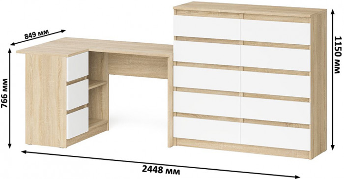 Мори Стол компьютерный МС-16 левый + Комод МК1200.10, цвет дуб сонома/белый, ШхГхВ 244,8х84,9х115 см., выдвижные ящики слев, НЕ универсальная сборкаа