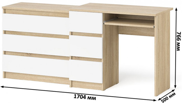 Мори Стол компьютерный МС-6 левый + Комод МК800.1, цвет дуб сонома/белый, ШхГхВ 170,4х50х76,6 см., выдвижные ящики слева, НЕ универсальная сборка