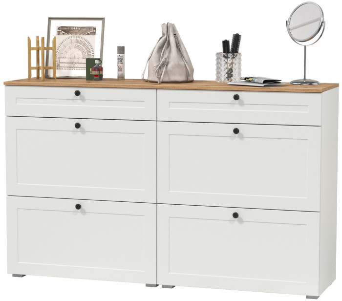 Остин 16.121 Тумба для обуви + 16.121 Тумба для обуви, цвет белый шагрень/дуб крафт золотой, ШхГхВ 160х41,6х99,3 см.