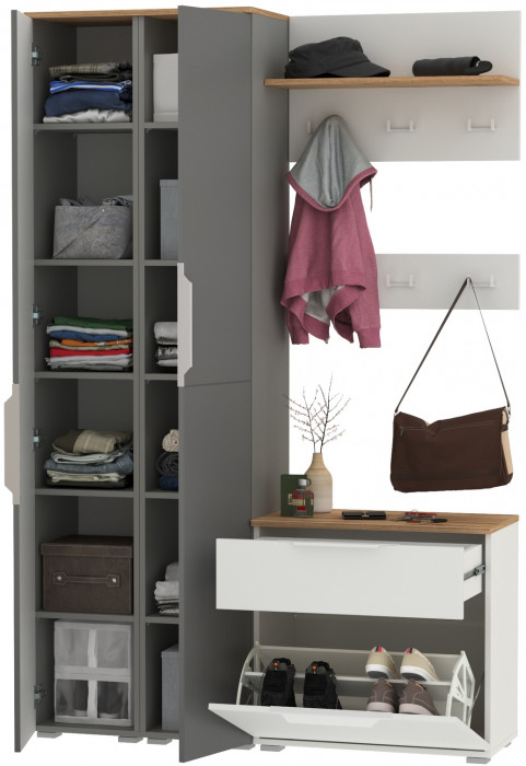 Октава Прихожая 51, белый шагрень/серый графит/дуб крафт золотой/фасады МДФ белый шагрень/серый графит