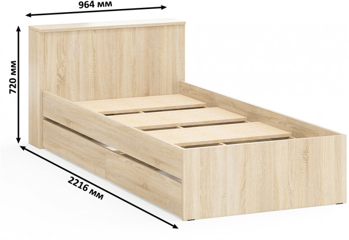 Ксения Кровать с ящиками 0900, цвет дуб сонома, ШхГхВ 96,4х221,6х72 см., сп.м. 900х2000 мм., без матраса, основание есть, универсальная сборка