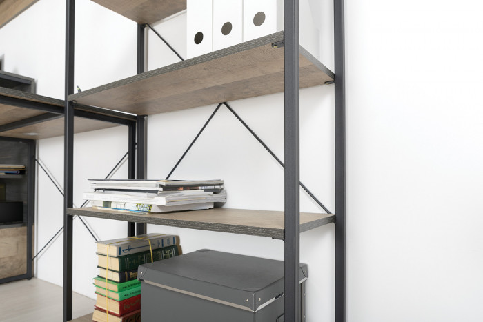 Трувор 13.151.02 Стеллаж + 13.205 Шкаф-пенал с витриной, цвет дуб гранж песочный/интра, ШхГхВ 134,8х37х210 см., универсальная сборка