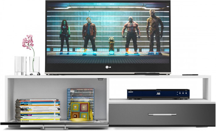 Тумба под ТВ Ларго 1,4, цвет корпус белый/фасады МДФ чёрный глянец, ШхГхВ 140х46х35 см., НЕ универсальная сборка