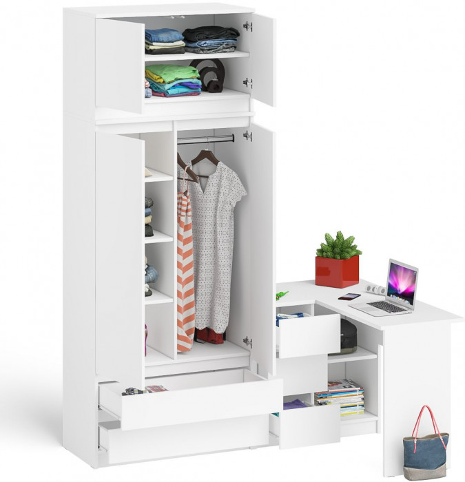 Мори Стол компьютерный МС-16 левый + Шкаф МШ900.1 + Антресоль МА900.1, цвет белый, ШхГхВ 214,8х84,9х234,2 см., выдвижные ящики слева, НЕ универс. сб.