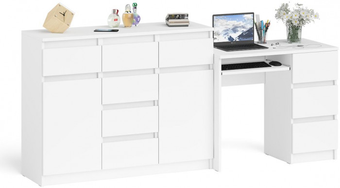 Мори Стол компьютерный МС-6 правый + Комод МК1200.4, цвет белый, ШхГхВ 210,4х50х94 см., выдвижные ящики справа, НЕ универсальная сборка