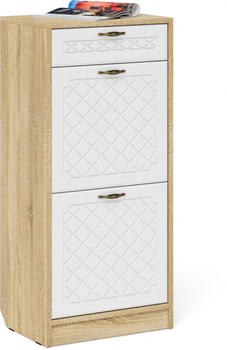 Прихожая П-6 Компоновка № 31, цвет дуб сонома/фасады МДФ белое дерево фрезеровка ромб, ШхГхВ 200х50х210 см., универсальная сборка