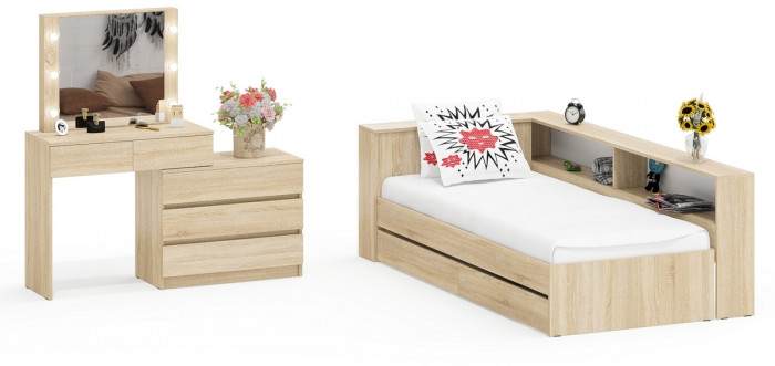 Ксения Кровать с ящиками 0900 + прикроватный блок + Столик с подсветкой 110, дуб сонома