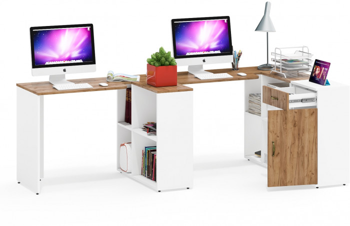 Лидер-8 Стол + Стол + Тумба МД 3.15, белый шагрень/крафт золото