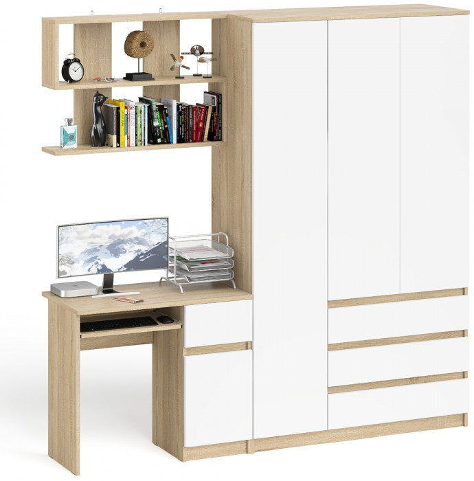 Мори компьютерный стол МС-1 правый + Шкаф МШ1200.1 + Полка 900, дуб сонома/белый