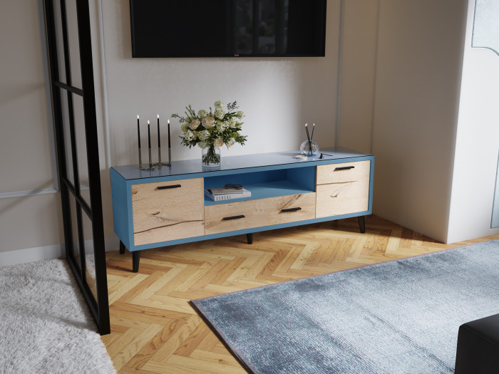 Тумба ТВ интерьерная 1,6 Ланс светло-голубой/мдф дуб канадский